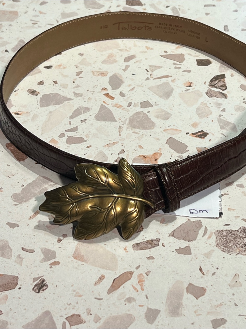 Talbots Dark Brown Croc-Embossed Leather Belt with Brass Leaf Buckle
